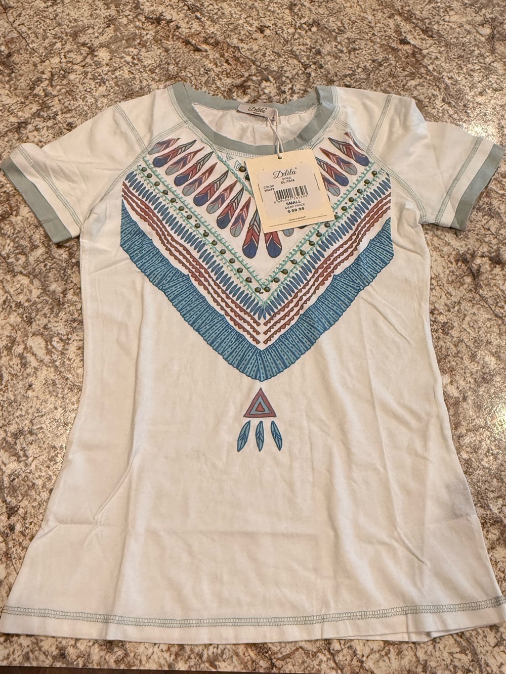 Delila Ivory Short Sleeve Tee with Teal and Brown Feather Chevron